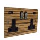 Solo Wood Zebrano Flat Plate 2G Switched USB Socket A+C Satin Rocker Black Trim