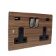 Solo Wood Walnut Flat Plate 2G Switched USB Socket A+C Satin Rocker Black Trim