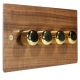 Walnut Flat Plate Wood 4 Gang 2Way Push on/Push off  LED Dimmer Switch with Polished Brass Knob