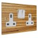 Solo Flat Plate Wood 2 Gang 13Amp Switched Socket in Zebrano with White Rocker